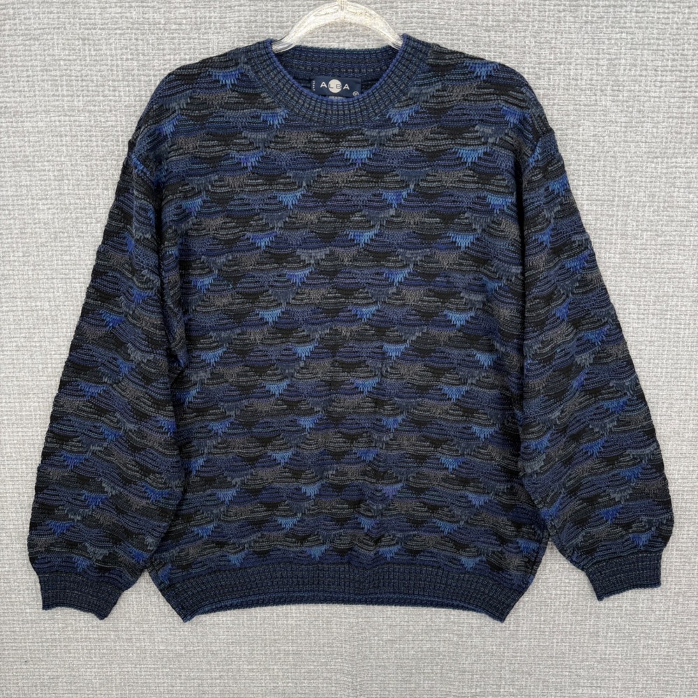 Vtg Y2K Alba Sweater Mens M Grandpa‎ Blue Textured Knit Abstract Italy Oversize